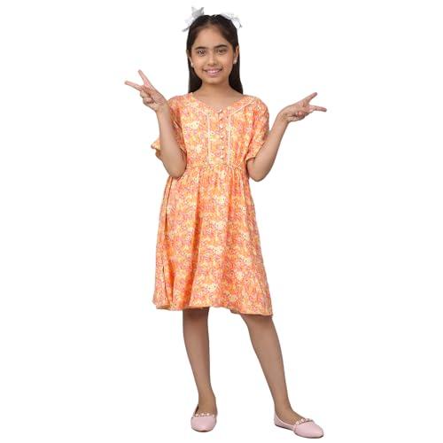 cantabil girls rayon floral print v-neck half sleeve multi casual dress (gdrs00026_orange_7-8yr)