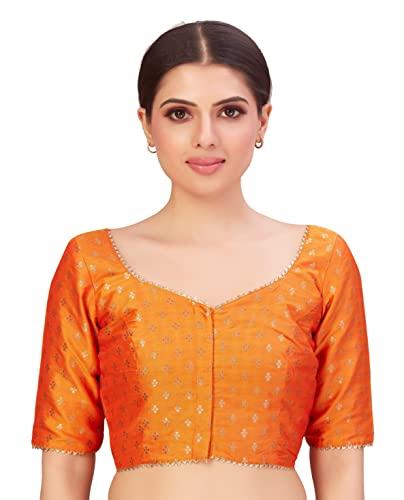 studio shringaar women's polyester elbow length banarasi saree elbow sleeve blouse(orange, 38)