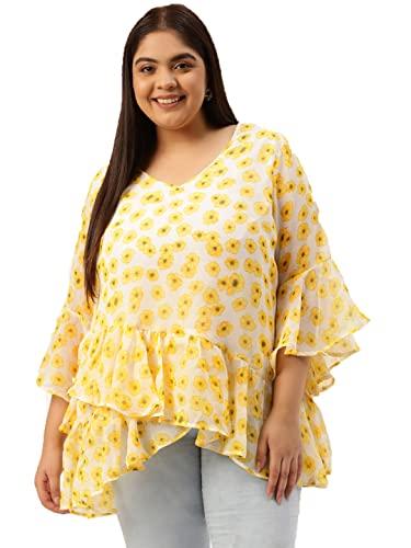 therebelinme plus size women's yellow & off white print layered georgette top(xxl)