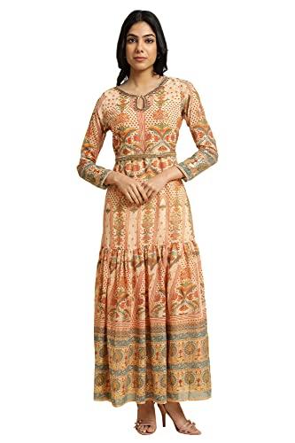 w for woman women's polyester beige printed tiered dress with embroidery calf length (23few11052-118561_rust_14)