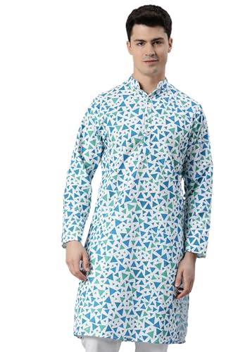 majestic man men cotton blend chikankari geometric embroidered sequinned regular kurta (blue, large)