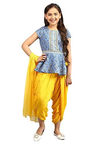 blue flared top-yellow salwar-dupatta girls set