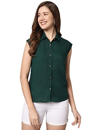 funday fashion women regular fit solid casual sleevesless shirt (large, bottle green)