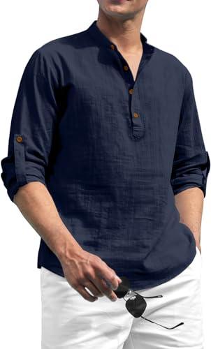 zombom cotton blend solid casual regular fit mandarin/chinese collor short kurta for men navy blue