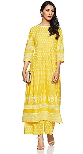 amayra women's cotton printed straight kurti with palazzos set(yellow,m)