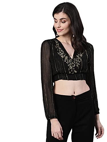 ishin women's polyester black zari embellished jewel neck crop top