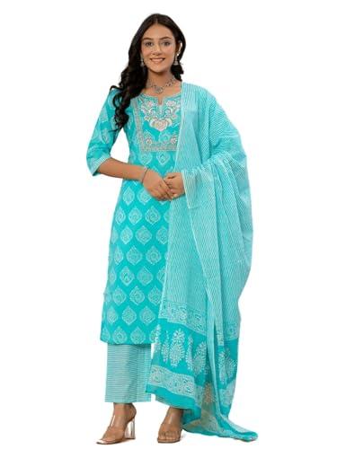 amayra women's cotton embroidered straight kurta with palazzo pant and dupatta set(tck566,turquoise,s)