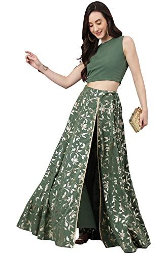 janasya women's olive green crepe lehenga choli with pant(set576-lcp-xxl)