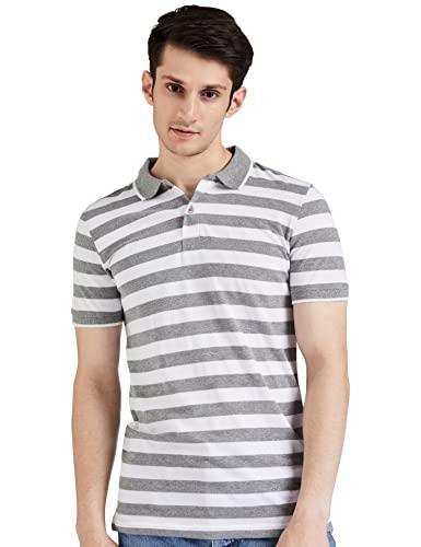 amazon brand - symbol men's cotton rich striped polo t shirt | collar tshirts | half sleeves - regular fit (mid grey and white_l)