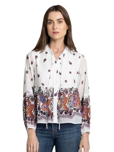 shaye white casual long sleeves band collar paisley print shirt for women