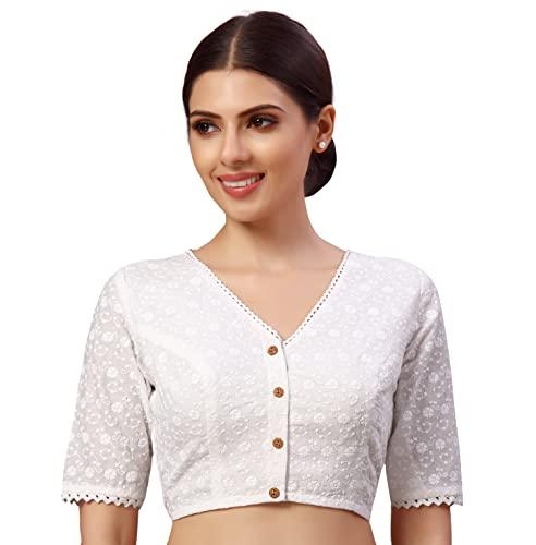 studio shringaar women's readymade natural cotton elbow length sleeves chikankari saree blouse (white, 38)