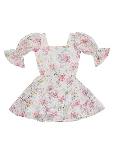 cantabil girls floral print square neck 3/4 sleeve fit and flare off-white casual dress (gdrs00012_offwhite_10-11yr)