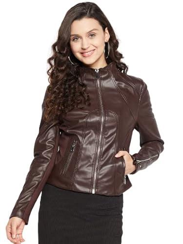 madame mock neck brown pu leather jacket