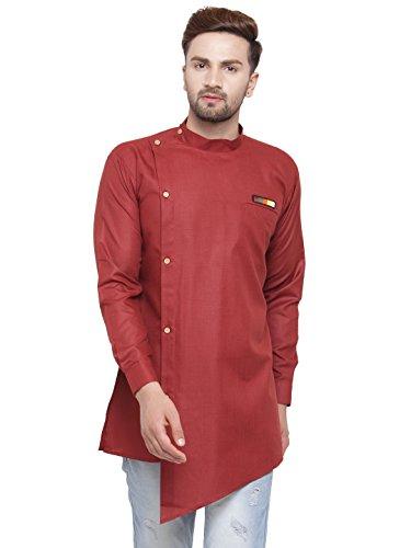 ben martin men's regular fit cotton & linen maroon angrakha short kurta size m