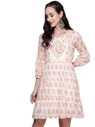 anubhutee women's cotton off white ethnic motifs printed a-line indo western dress