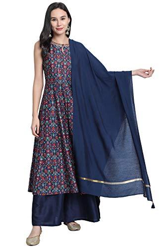 janasya women's blue poly muslin embroidered kurta with palazzo and dupatta