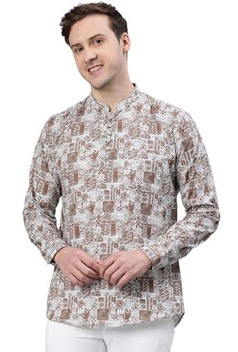 majestic man slim fit cotton printed short kurta (large, brown)