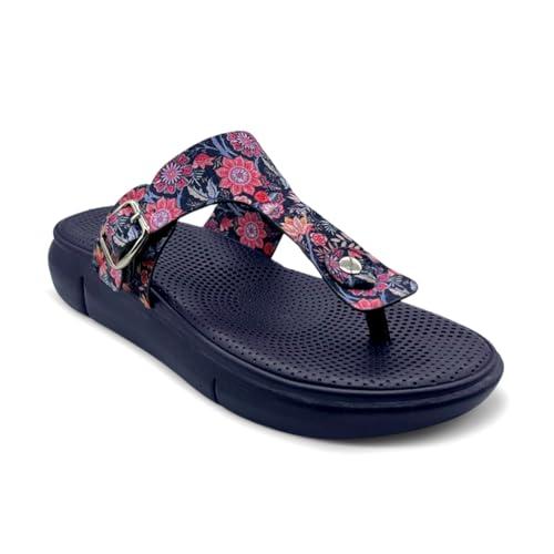 kazarmax amelia navy floral printed flat thong sandals for women -6 uk