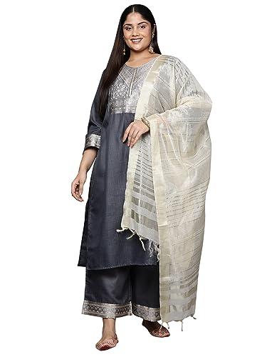 indo era women's plus size yoke design cotton blend kurta palazzo with dupatta set (grey_ps4kd4022_4xl)