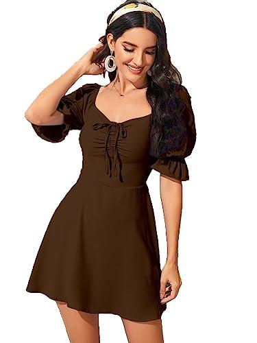 aahwan solid brown drawstring flared mini dress for women's & girls' (194-brown-l)