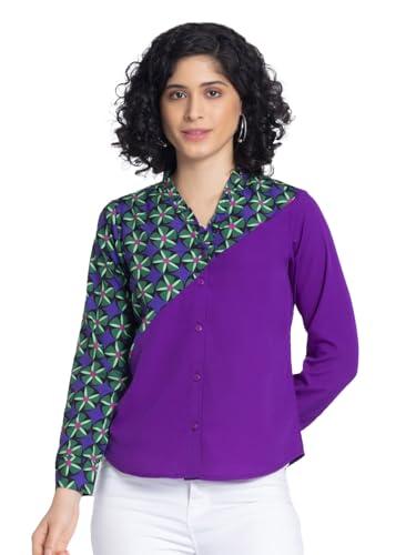 shaye v-neck purple geometric print long sleeves casual shirts for women