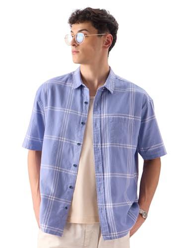 the souled store plaid: purple and white men and boys short sleeve button down oversized fit shirts