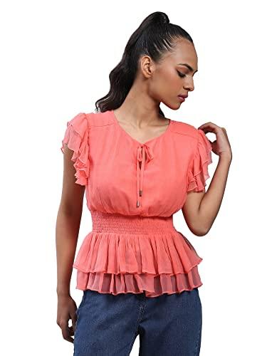 label ritu kumar round neck sleeveless smocked short top orange