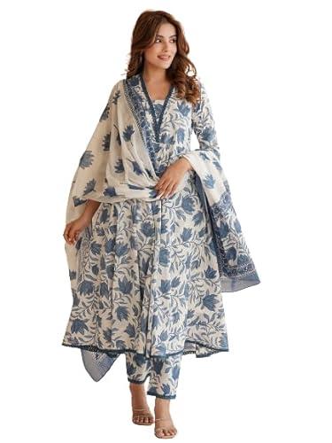 parthvi rayon women's printed anarkali kurta with palazzo & dupatta set (medium, white & blue)