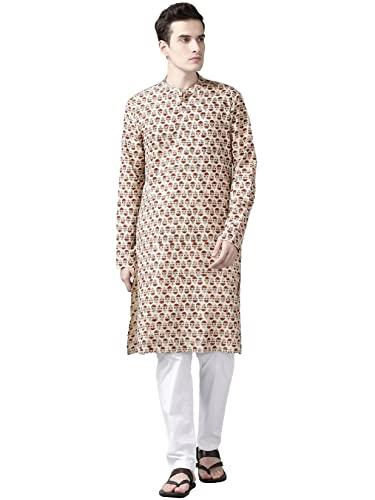 see designs beige & white cotton regular fit mandarin collar printed kurta set_sdkt99601xs