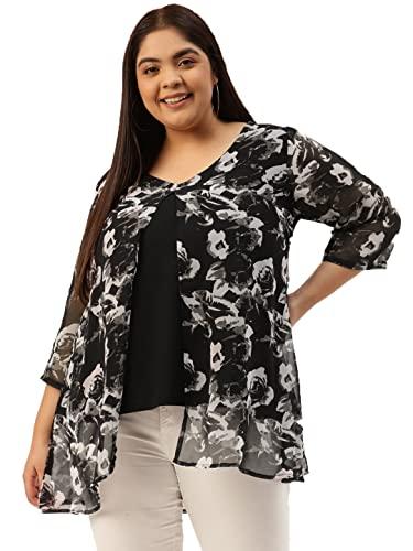 therebelinme plus size women's black rose printed layered top(xxxl)