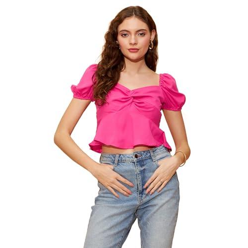 rare women's solid semi fit blouse (ep7049d_pink xl)