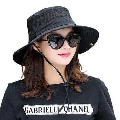 alexvyan polyester round crown hat sun visor hats for women wide brim summer cap for girls uv protection breathable casual beach hat, safari hat sun protection cap for women girl men (black), large