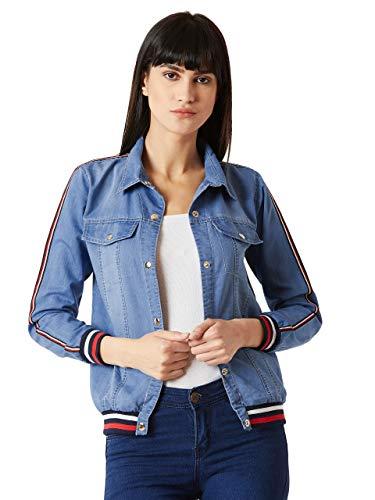 miss chase women's light blue polo neck full sleeve solid buttoned rib and twill tape detailing bomber denim jacket (mcss19den05-23-158-06, light blue, x-large)