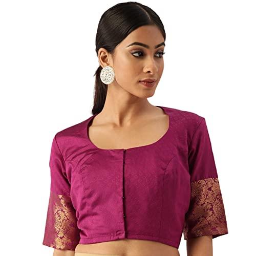 studio shringaar women's brocade elbow length sleeves golden kanjivaram border saree blouse (wine, 36)