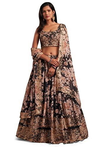 zeel clothing women's organza floral white semi-stitched lehenga choli (7613-black-wedding-floral-lehenga-latest, black)