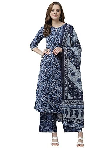 indo era women's cotton blend printed straight kurta with pant & dupatta set (blue_kh0bl4122_medium)