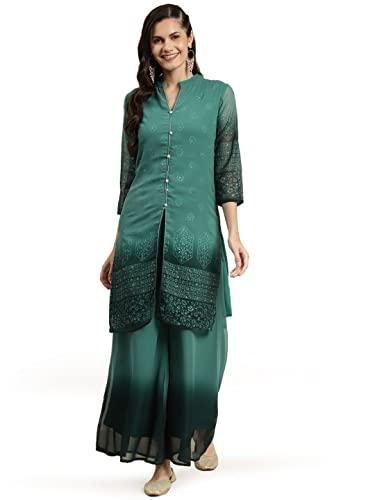 jompers women's gorgette ombre and foil print kurta with palazzos (green, m)