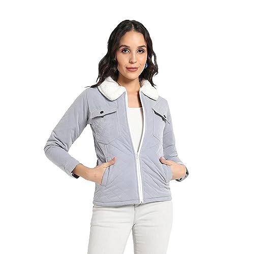 campus sutra women's light grey quilted flap pocket jacket with fur details for casual wear | spread collar | long sleeve | zip closure | polyester jacket crafted with comfort fit for everyday wear