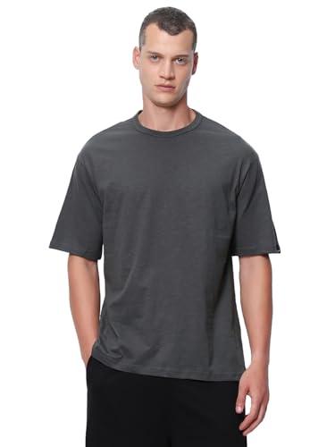 bewakoof air 1.0 men's solid oversized fit half sleeve round neck cotton t-shirt_ 580015_grey_m