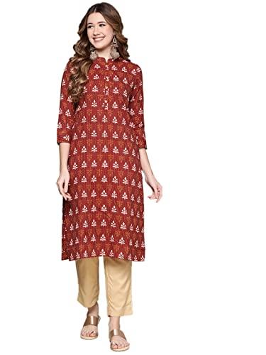 anubhutee women's cotton rust red ethnic motifs printed straight kurta suit set with pants