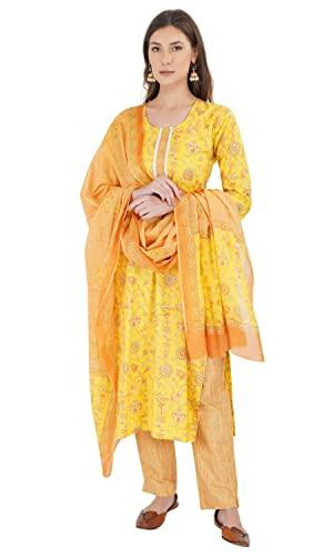 ratan women cotton kurta palazzo with dupatta set (gul4547_s_yellow_s)