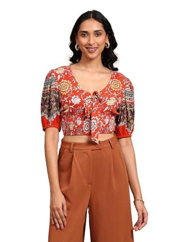 label ritu kumar round neck short sleeve printed short top red