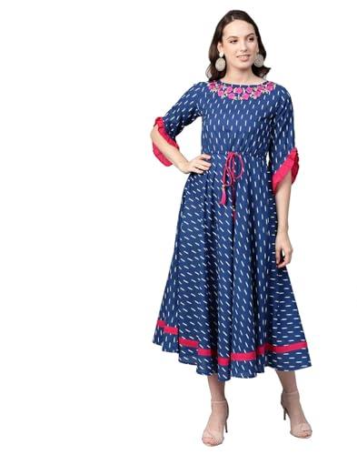 yash gallery women's cotton ikat printed calf length embroidered flared dress for women (blue, xs)