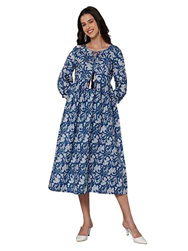 cantabil women printed round neck 3/4 sleeve fit and flare casual dress i casual dress for women l printed women dress (ldrs00034_blueprint_m)