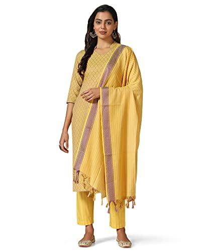 hritika women's yellow cotton blend self-design printed straight kurta set with dupatta_(hrkr5_hrkbd0052ylw_xs)