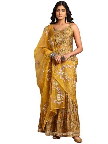 indya women's modal chanderi yellow batik print tiered sharara with strappy kurta and dupatta (set of 3) (rcd00014