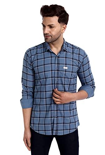 majestic man slim fit cotton casual check shirt for men (xxx-large, blue grey)