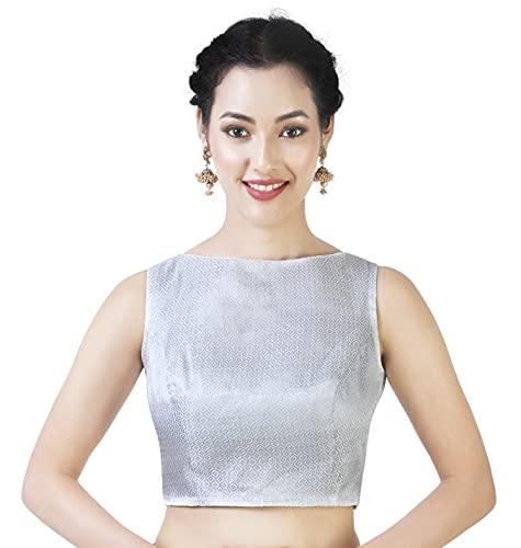 studio shringaar women's readymade silver brocade sleeveless saree blouse (size, 40)