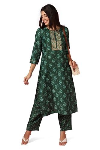 fashion dream women's bottle green poly muslin printed kurta and pant suit set (fdwset00105 bgn s_bottle green_s)