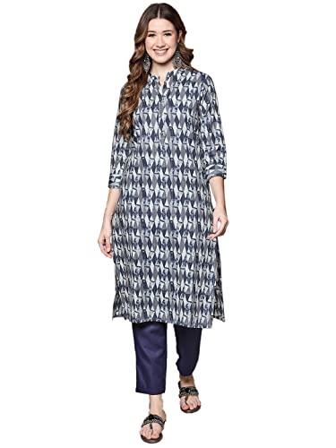 anubhutee women's cotton blue geometric woven design straight kurta suit set with pants